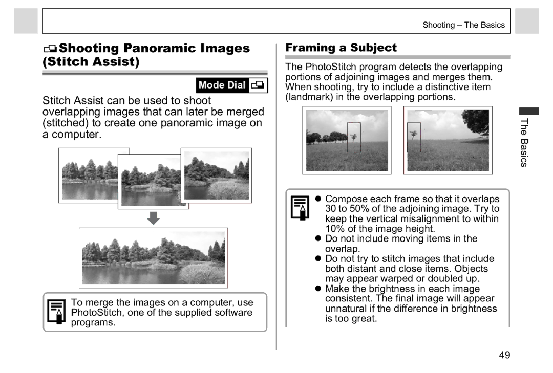 Canon A95 manual Shooting Panoramic Images Stitch Assist, Framing a Subject 