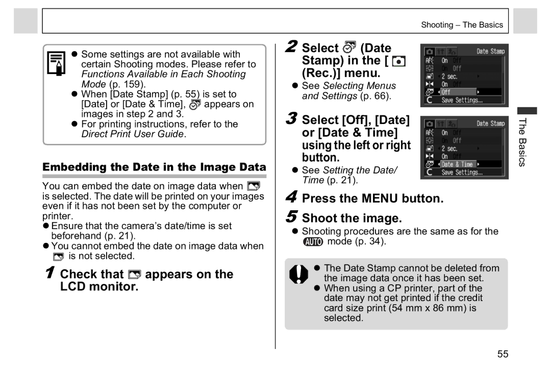 Canon A95 manual Press the Menu button Shoot the image, Embedding the Date in the Image Data, Time p 