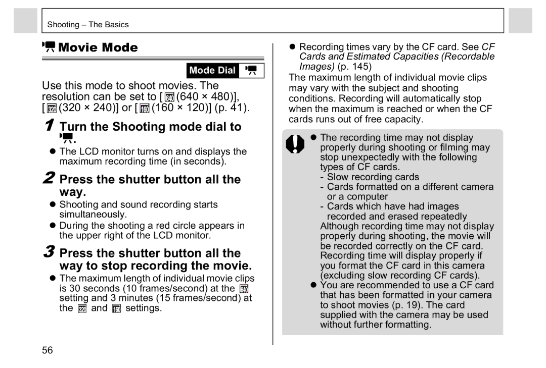 Canon A95 manual Movie Mode, Press the shutter button all Way 