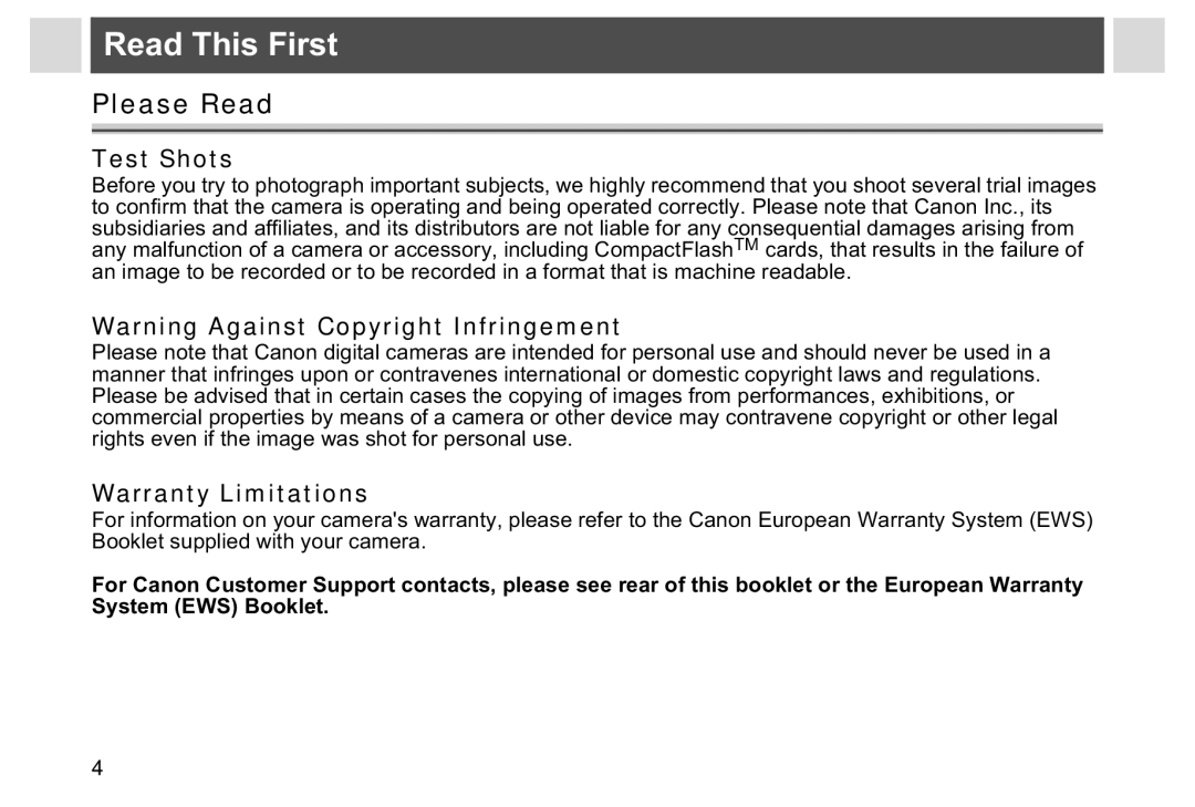 Canon A95 manual Read This First, Please Read, Test Shots, Warranty Limitations 