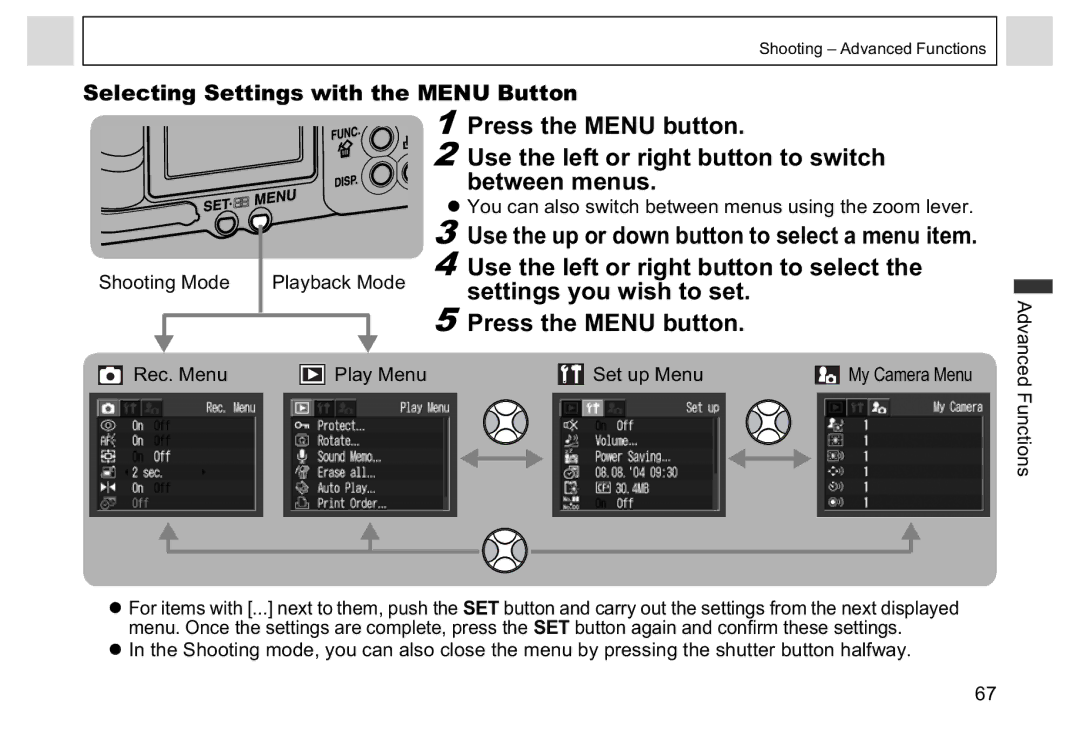 Canon A95 Use the left or right button to select, Settings you wish to set, Rec. Menu Play Menu Set up Menu, Functions 