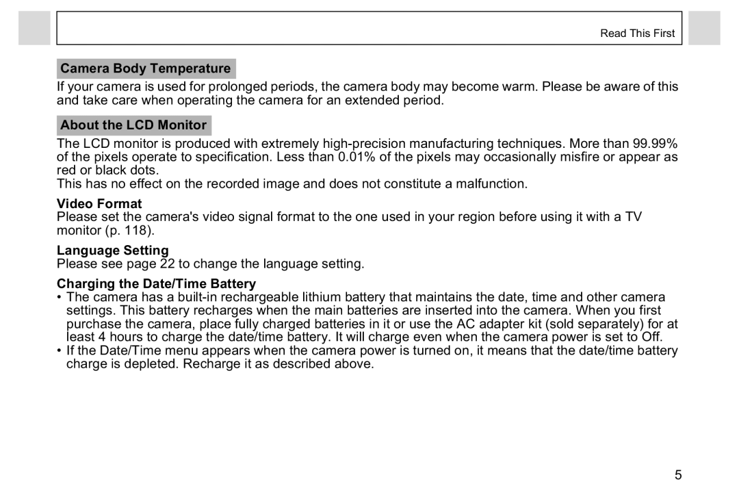 Canon A95 Camera Body Temperature, About the LCD Monitor, Video Format, Language Setting, Charging the Date/Time Battery 