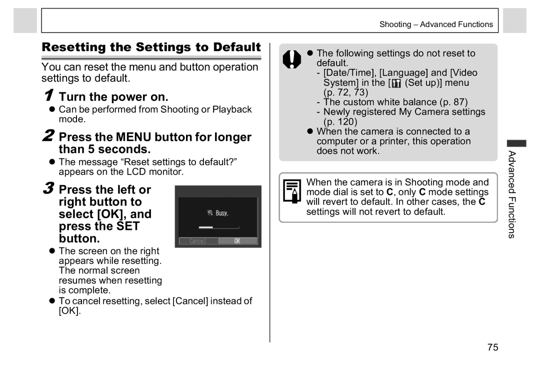 Canon A95 manual Resetting the Settings to Default, Turn the power on, Press the Menu button for longer Than 5 seconds 