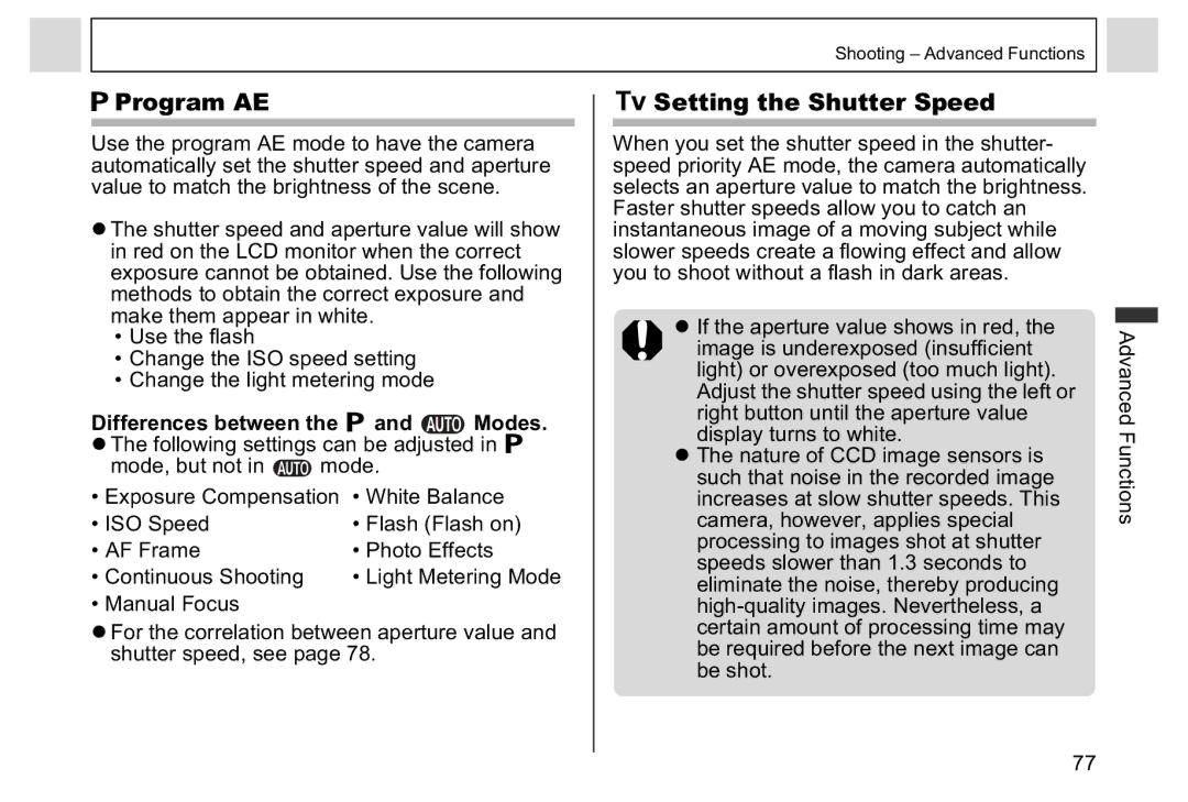 Canon A95 manual Program AE, Setting the Shutter Speed, Differences between the and Modes 