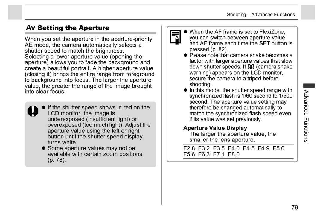 Canon A95 manual Setting the Aperture, Aperture Value Display 