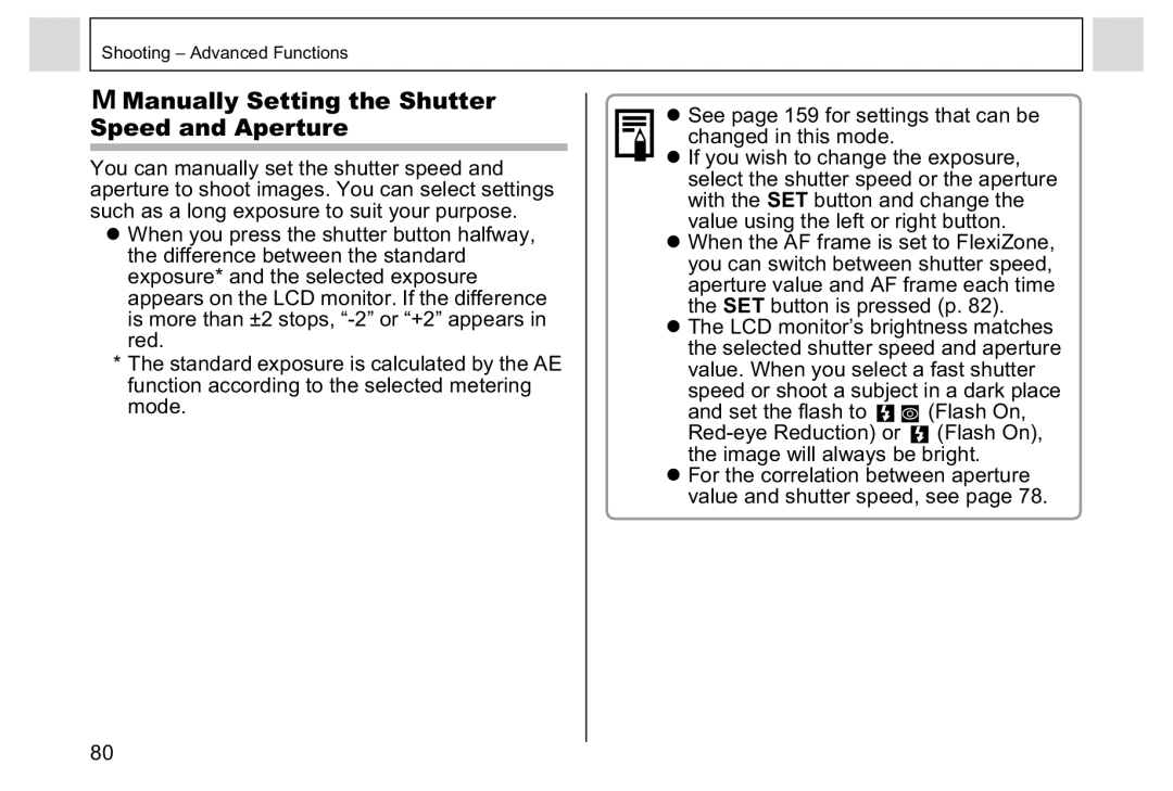 Canon A95 manual Manually Setting the Shutter Speed and Aperture 