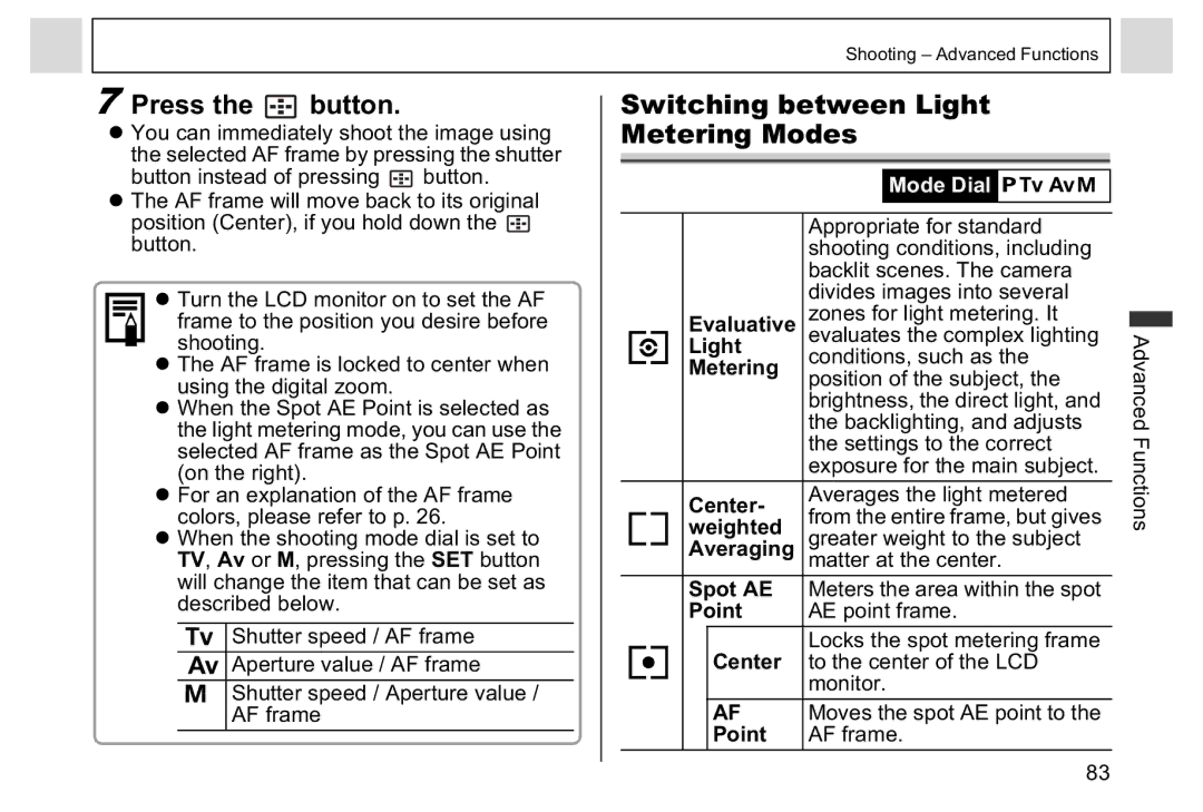 Canon A95 manual Press the button, Switching between Light Metering Modes 