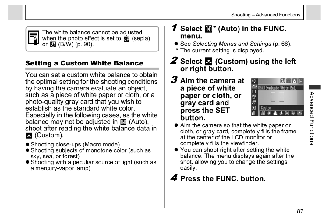 Canon A95 manual Select * Auto in the Func Menu, Setting a Custom White Balance, White balance cannot be adjusted 