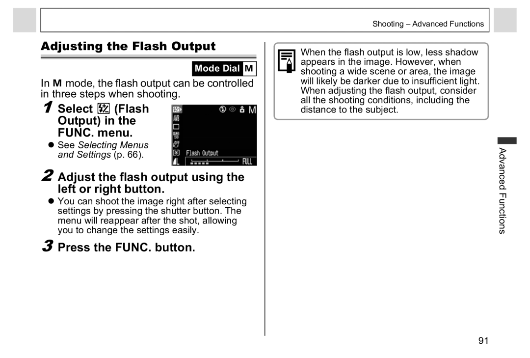 Canon A95 manual Adjusting the Flash Output, Select Flash Output in the FUNC. menu 