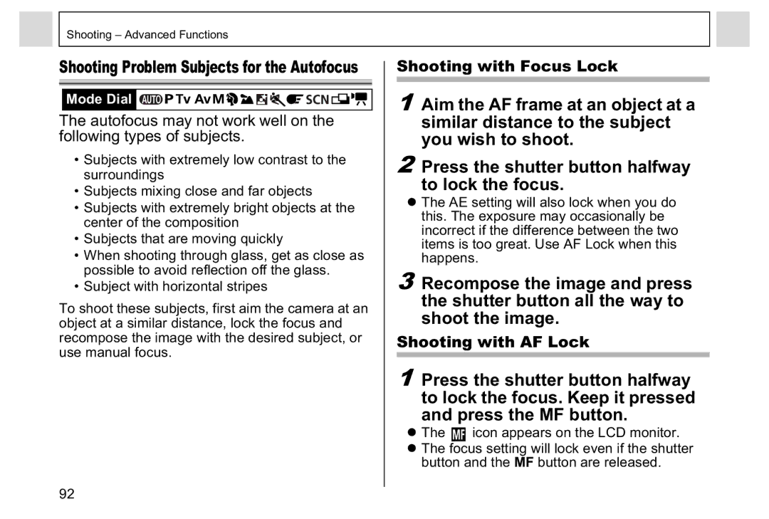 Canon A95 manual Shooting with Focus Lock, Shooting with AF Lock 