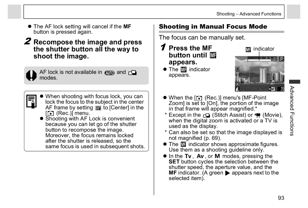 Canon A95 manual Press the MF, Button until Appears, Shooting in Manual Focus Mode, Indicator Appears 