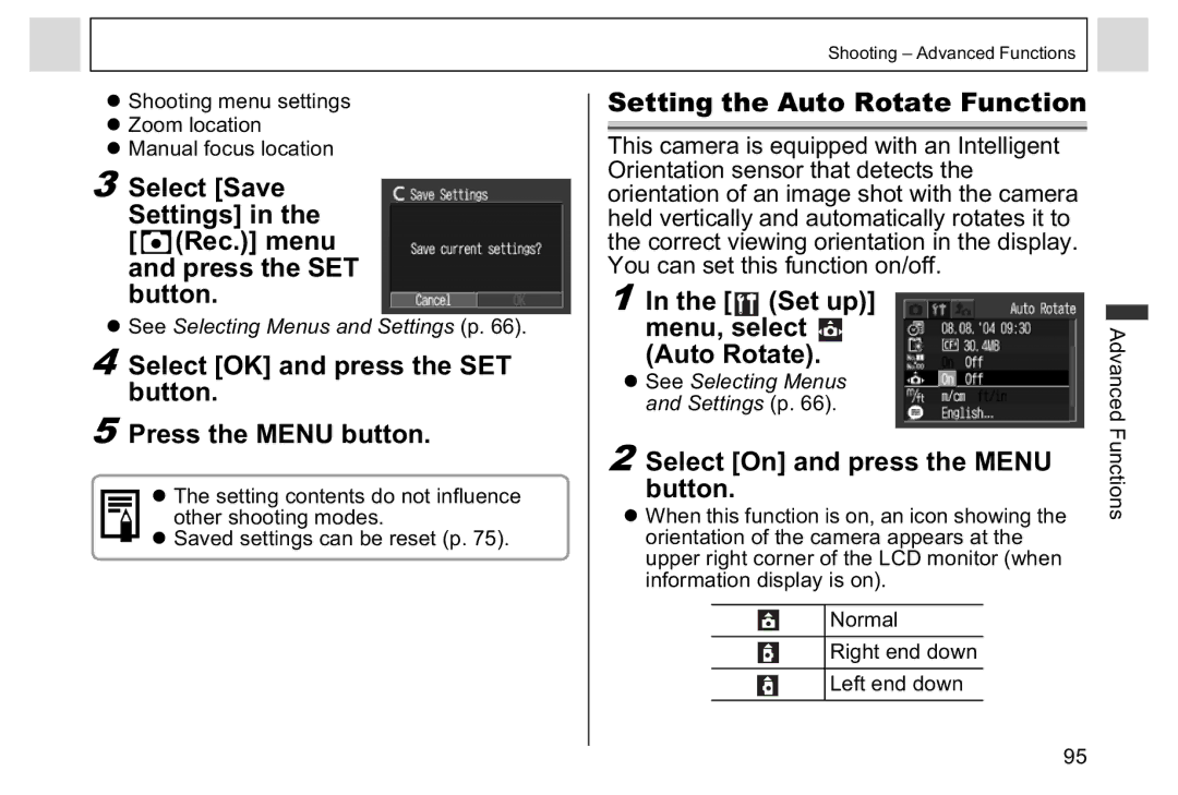 Canon A95 manual Select Save Settings Rec. menu and press the SET button, Setting the Auto Rotate Function 