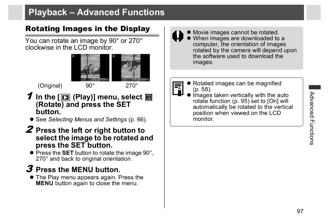 Canon A95 Playback Advanced Functions, Rotating Images in the Display, Play menu, select Rotate and press the SET Button 