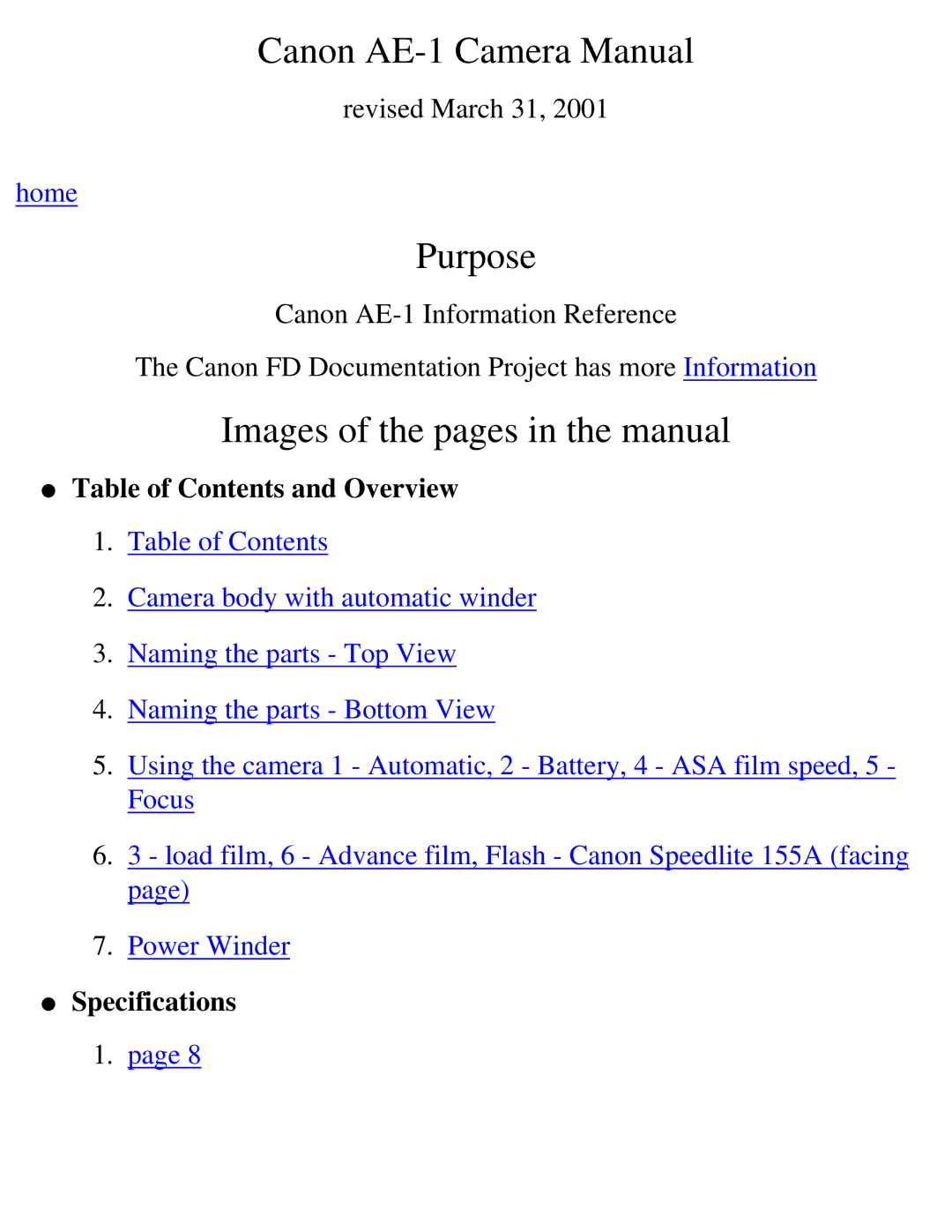 Canon specifications Canon AE-1 Camera Manual 