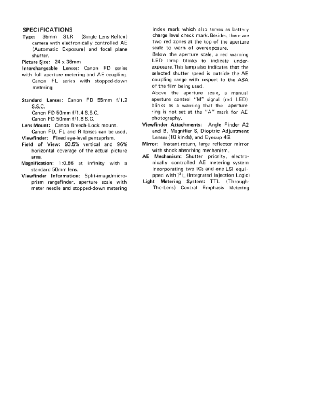 Canon AE-1 specifications 