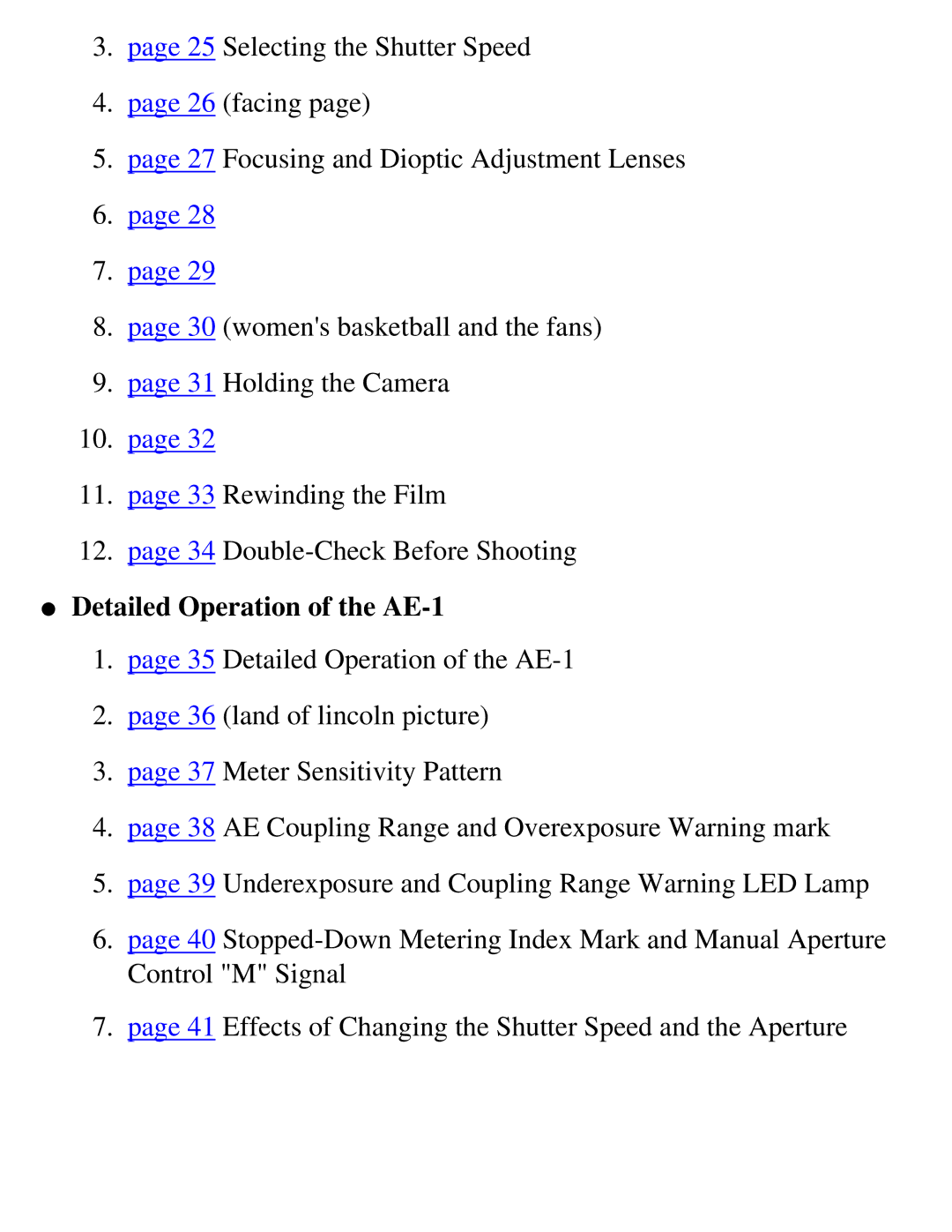 Canon specifications Detailed Operation of the AE-1 