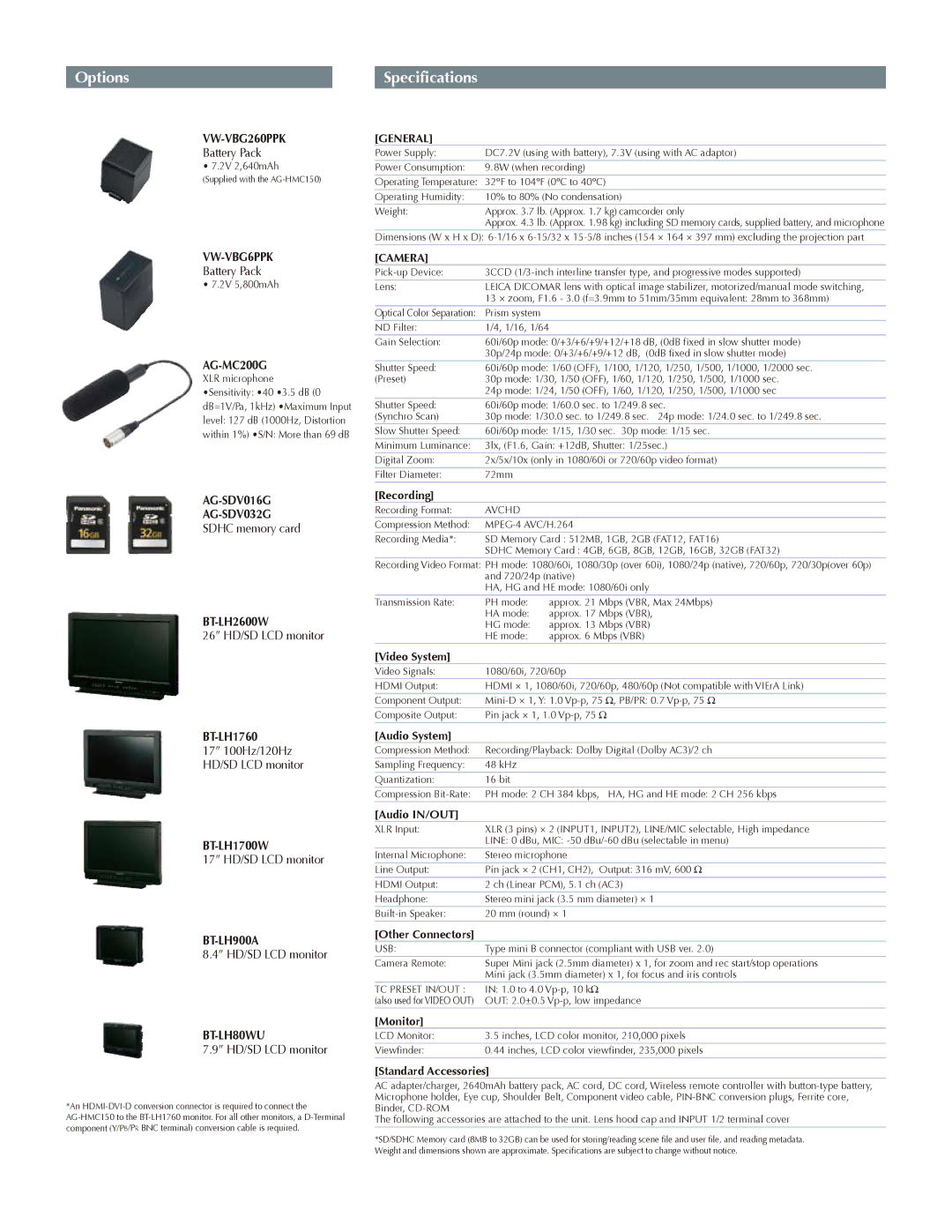 Canon AG-HMC150 manual BT-LH2600W, BT-LH1760, BT-LH1700W 