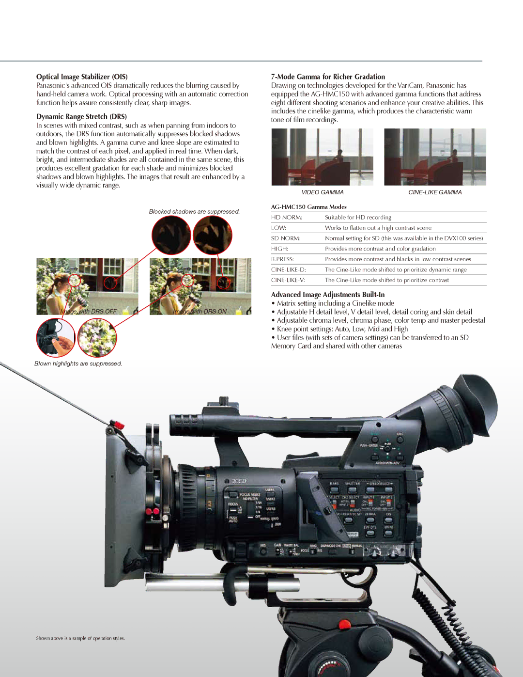 Canon AG-HMC150 manual Optical Image Stabilizer OIS, Dynamic Range Stretch DRS, Mode Gamma for Richer Gradation 