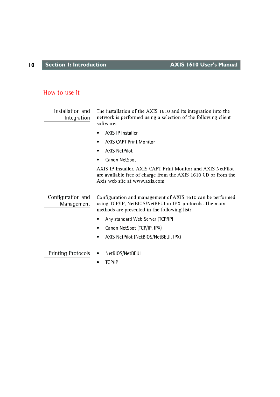 Canon AXIS 1610 user manual How to use it, Installation and Integration, Printing Protocols, Configuration and Management 