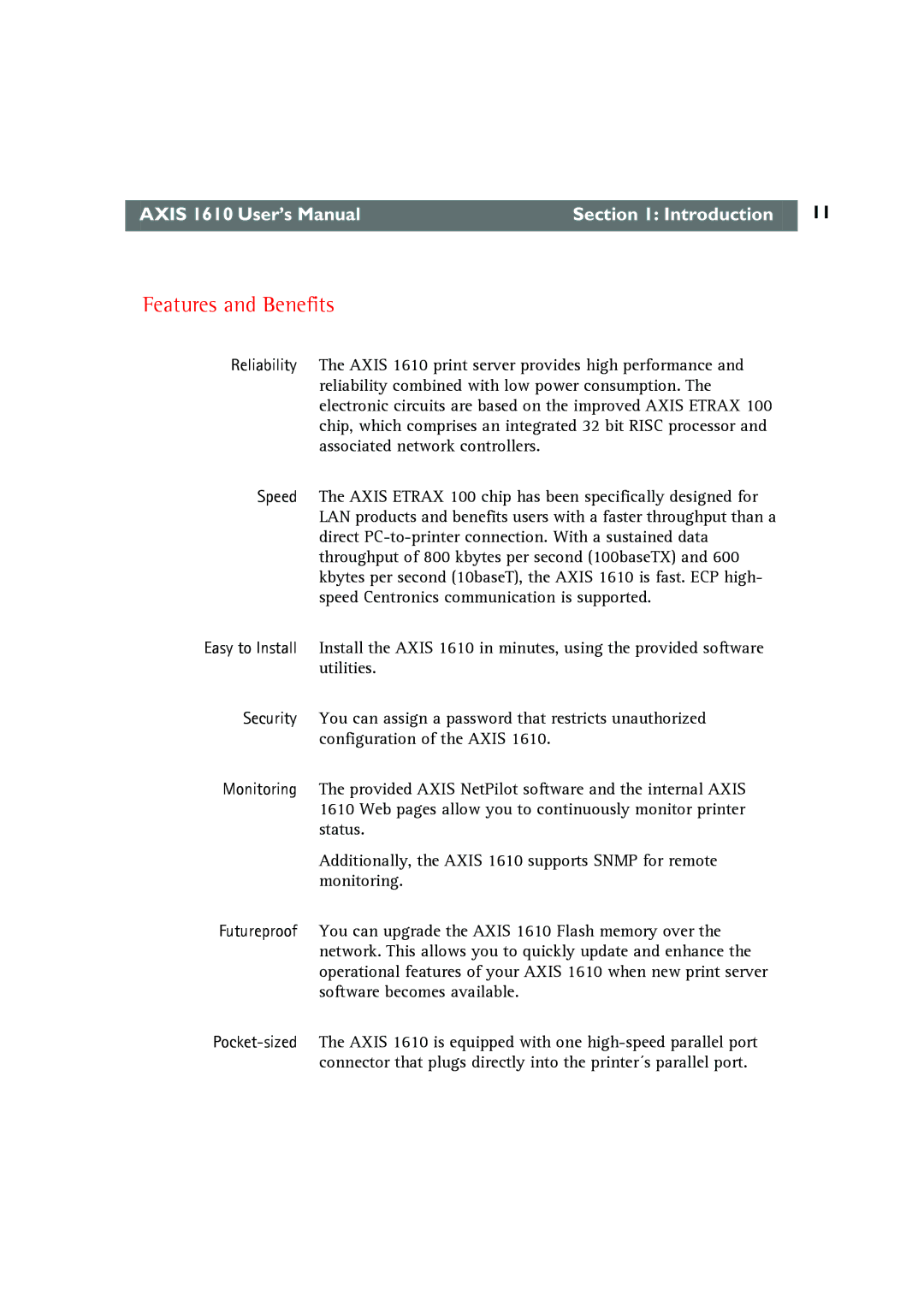 Canon AXIS 1610 user manual Features and Benefits 