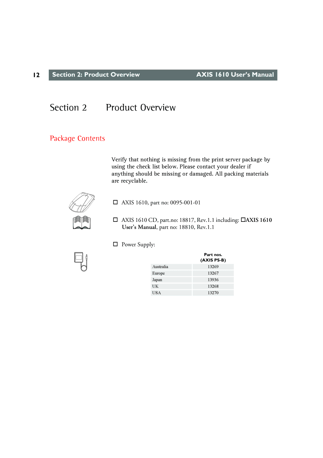 Canon AXIS 1610 user manual Product Overview, Package Contents 