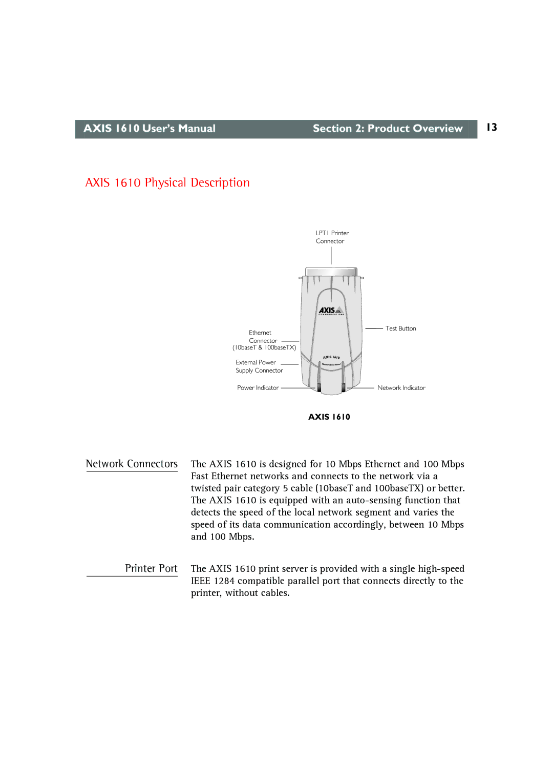 Canon AXIS 1610 user manual Axis 1610 Physical Description 