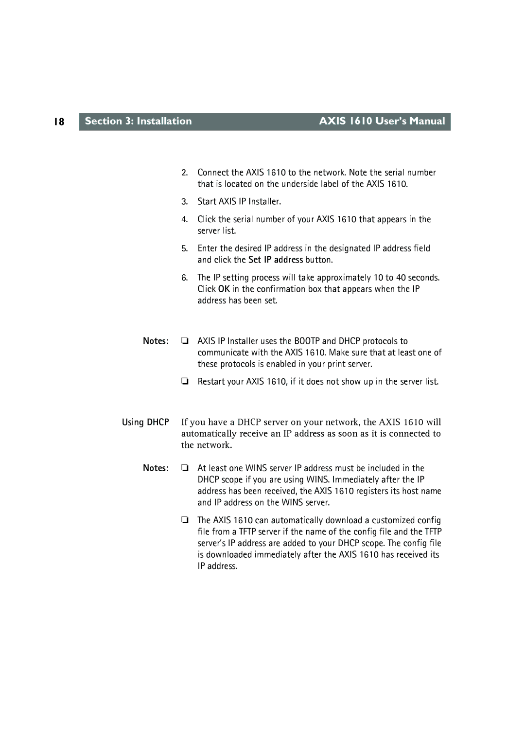 Canon AXIS 1610 user manual Installation Axis 1610 User’s Manual 