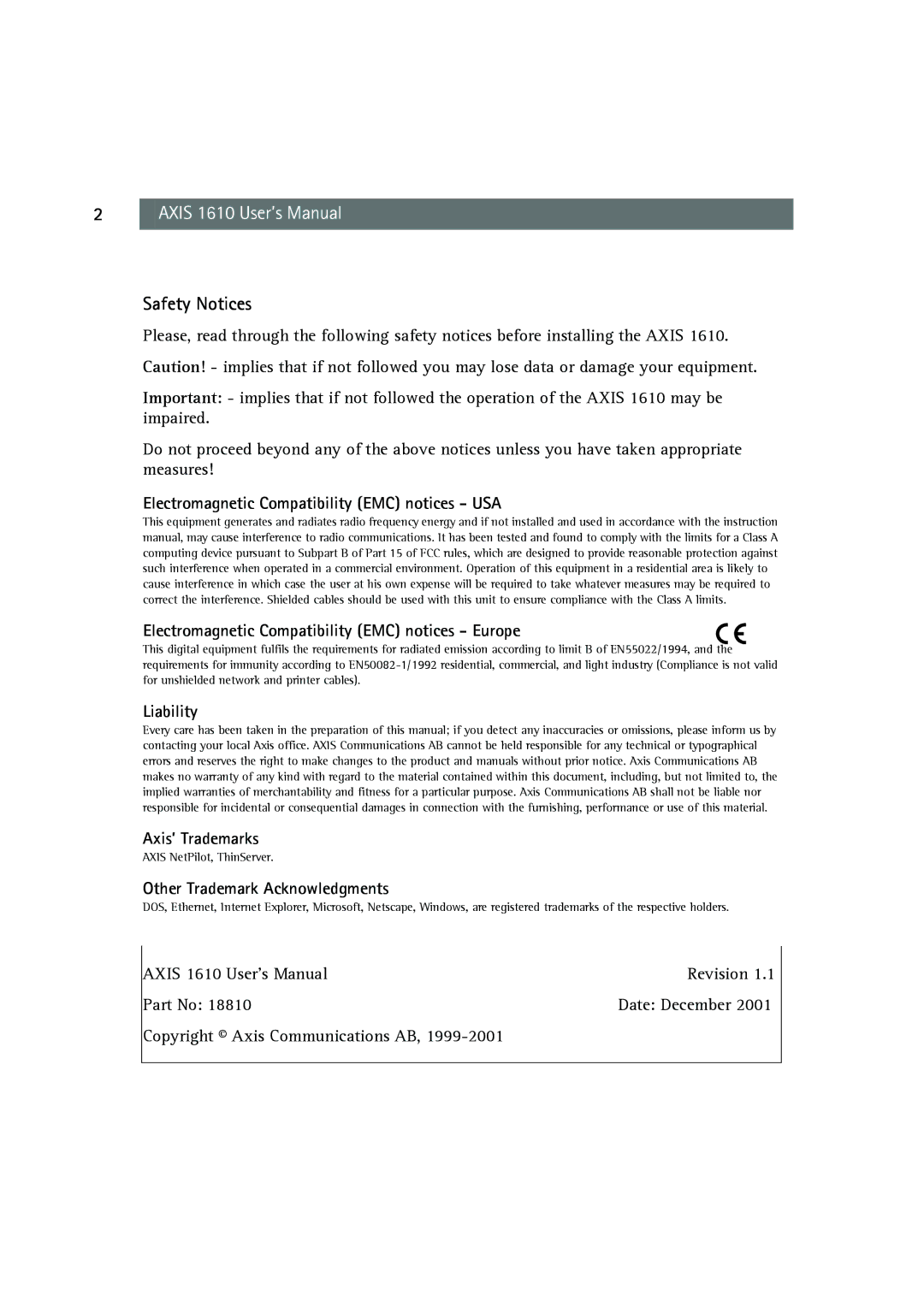 Canon AXIS 1610 user manual Safety Notices 