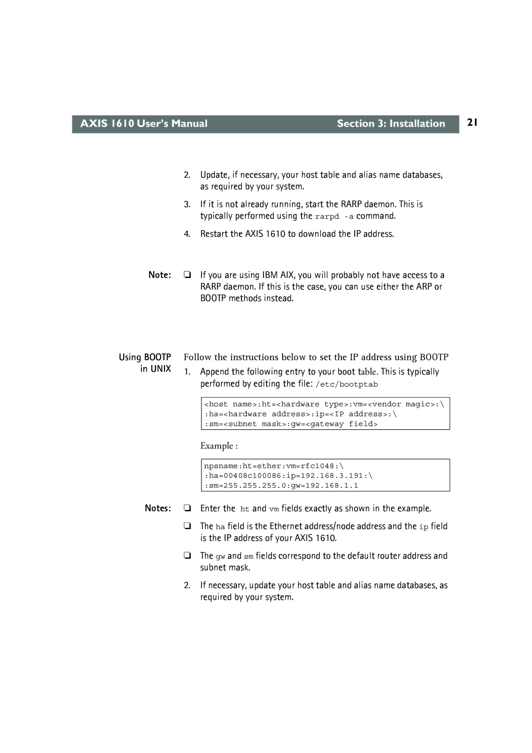 Canon AXIS 1610 user manual Using Bootp in Unix 