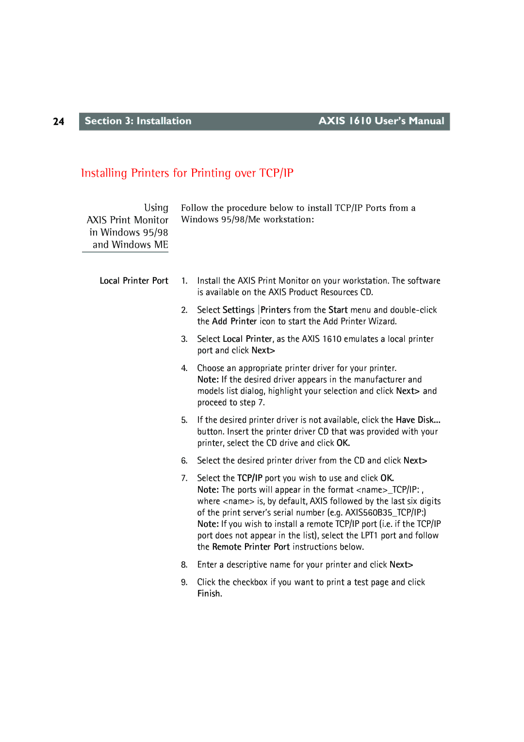 Canon AXIS 1610 user manual Installing Printers for Printing over TCP/IP, Windows 95/98 Windows ME 