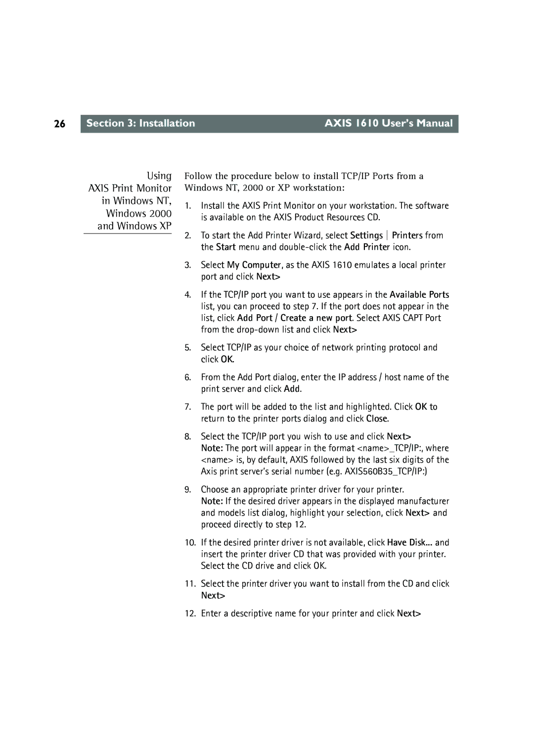 Canon AXIS 1610 user manual Using Axis Print Monitor Windows NT Windows XP 