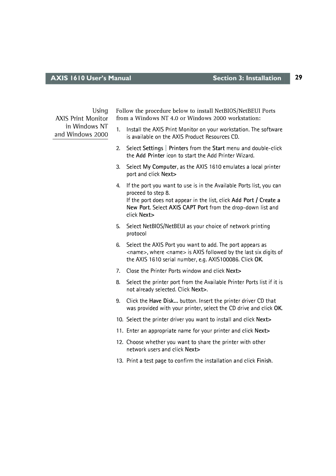 Canon AXIS 1610 user manual Using Axis Print Monitor Windows NT 