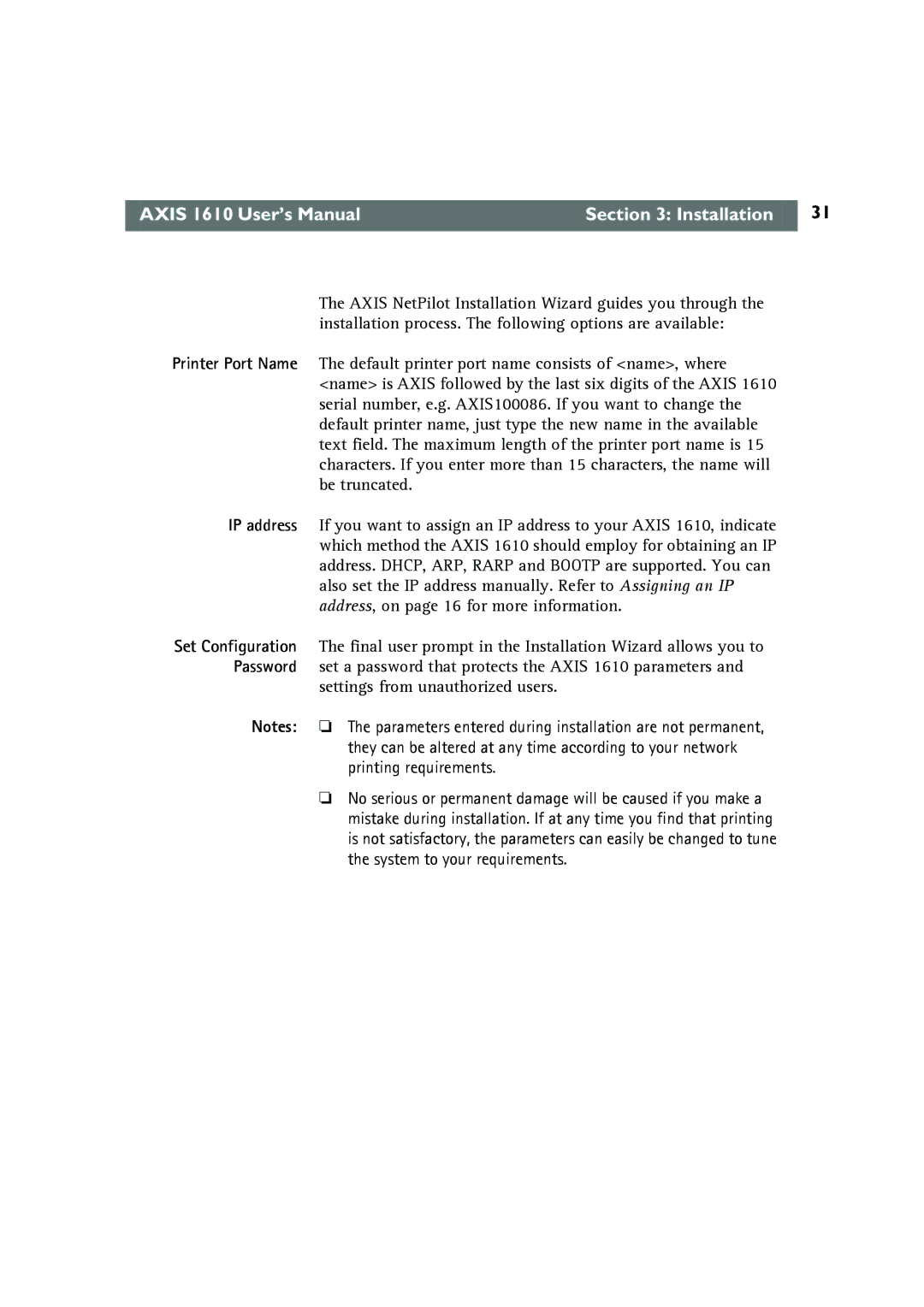 Canon AXIS 1610 user manual Axis 1610 User’s Manual Installation 