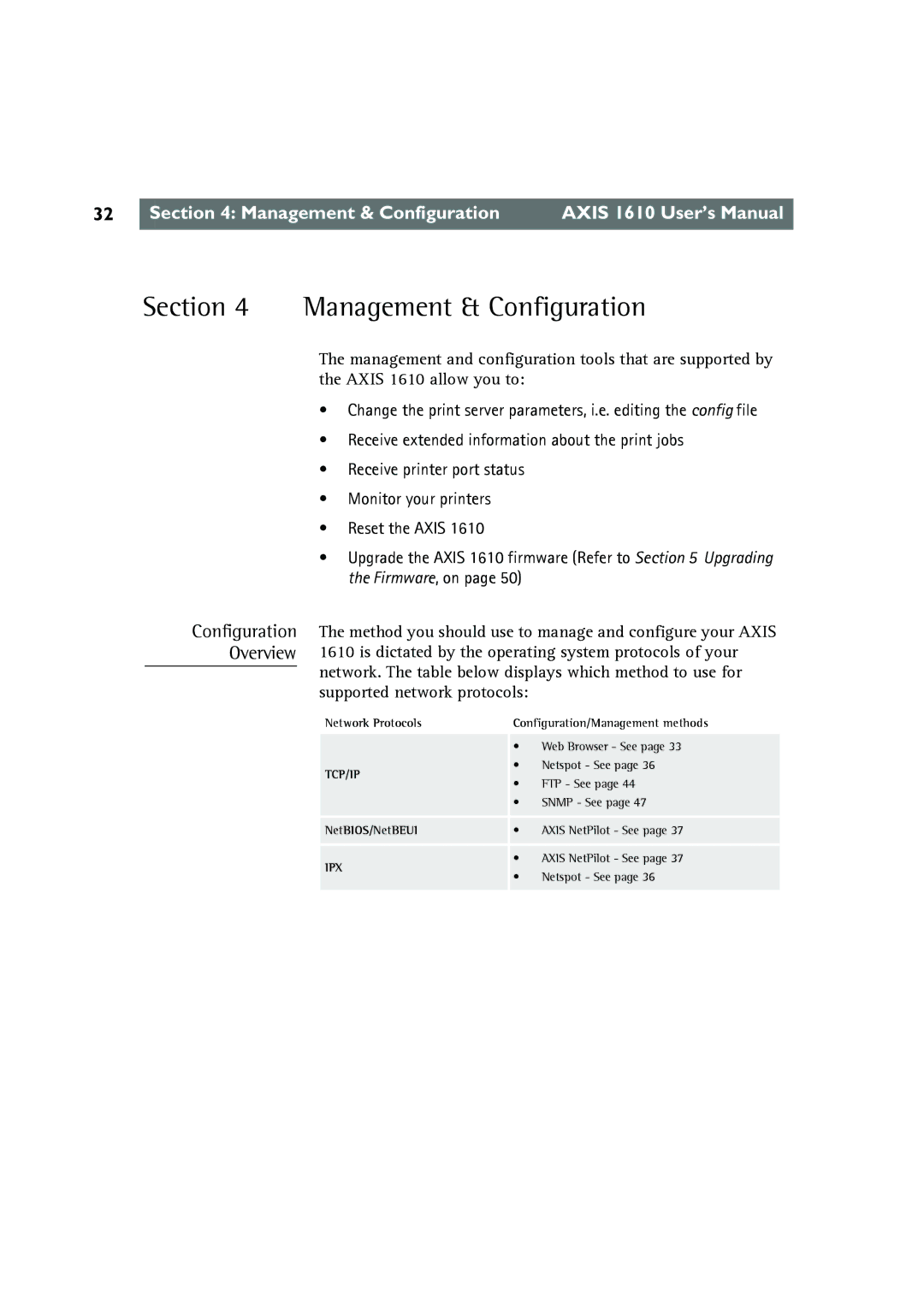 Canon AXIS 1610 user manual Management & Configuration 