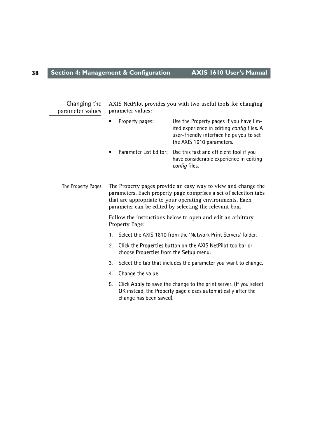 Canon AXIS 1610 user manual Parameter values parameter values, Property pages, Axis 1610 parameters, Parameter List Editor 