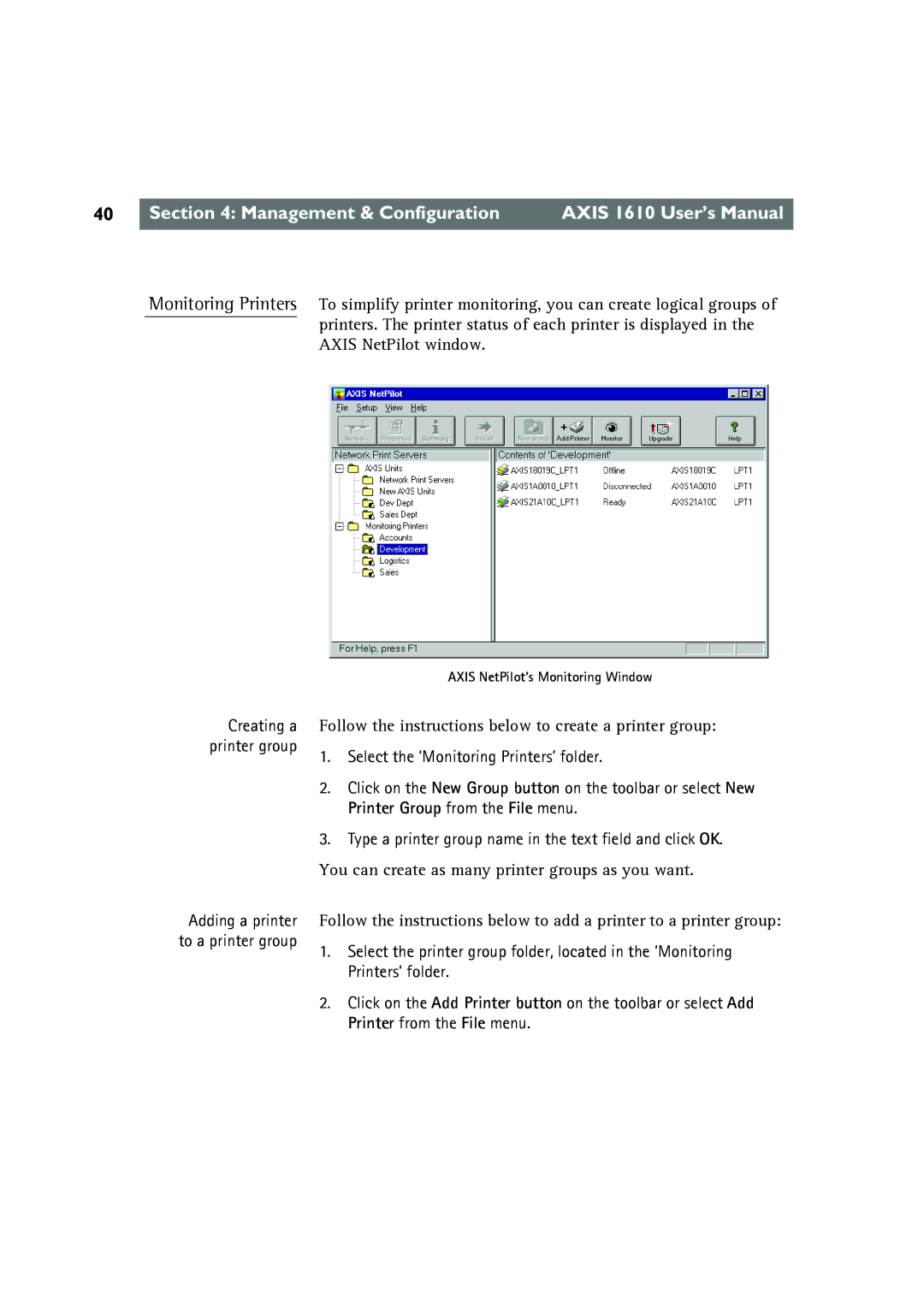 Canon AXIS 1610 user manual Creating a printer group Adding a printer to a printer group 