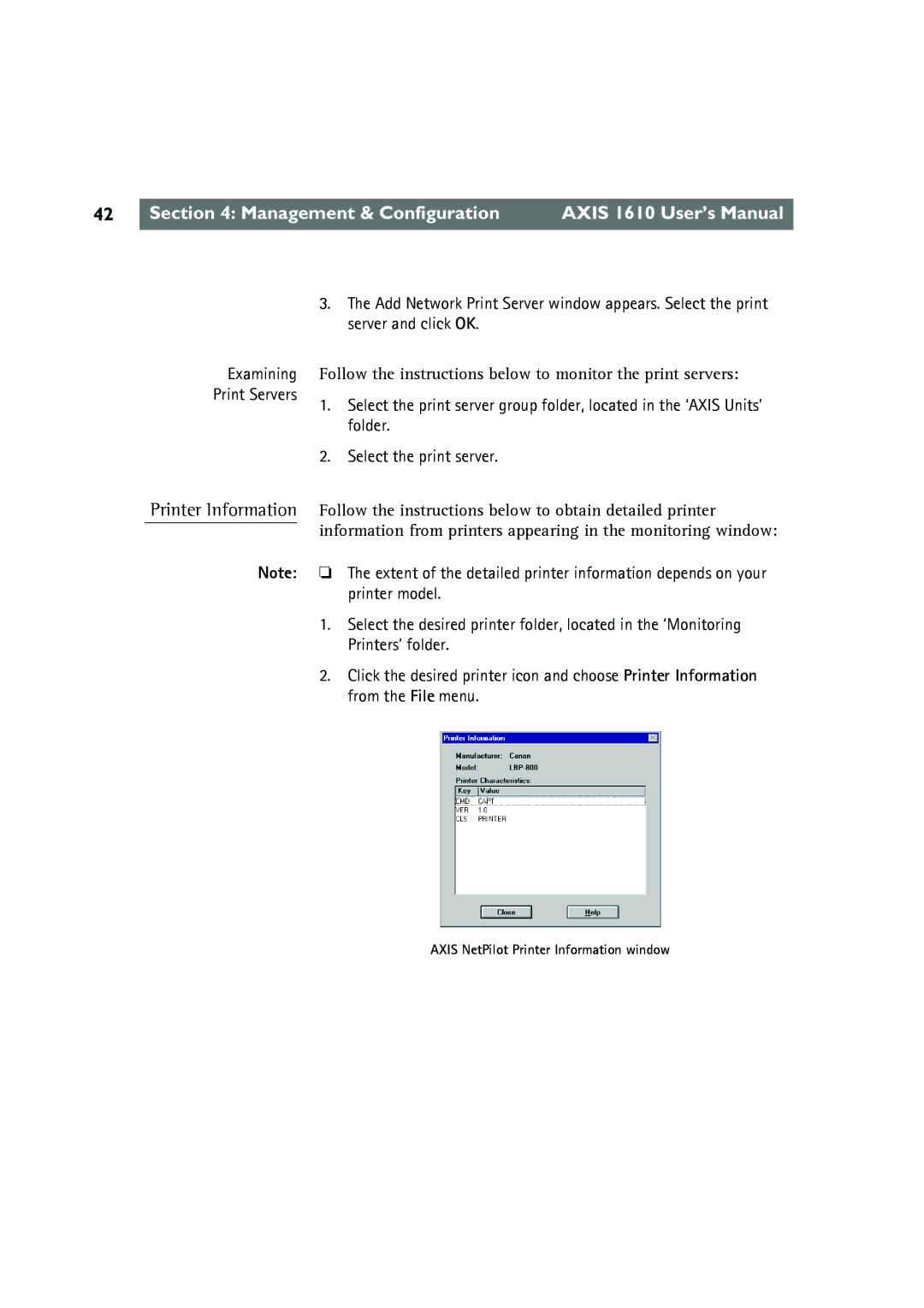 Canon AXIS 1610 user manual Axis NetPilot Printer Information window 