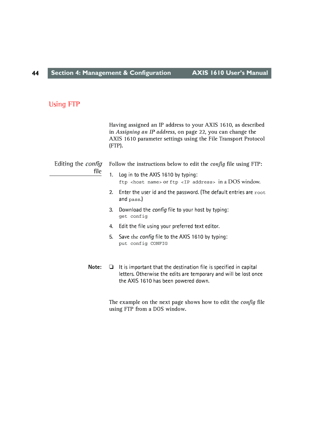 Canon AXIS 1610 user manual Using FTP, Editing the config, File 