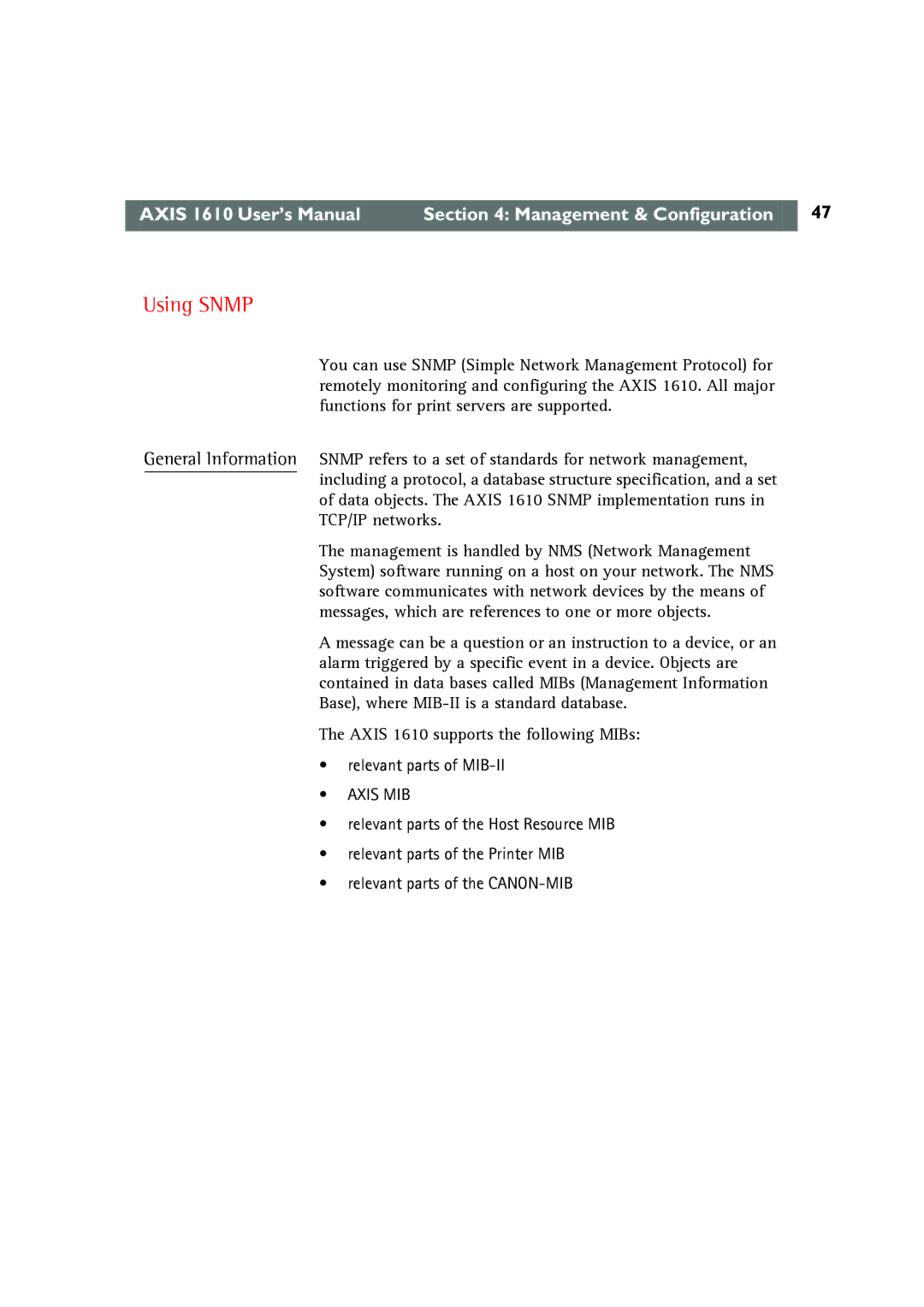 Canon AXIS 1610 user manual Using Snmp, Axis MIB 