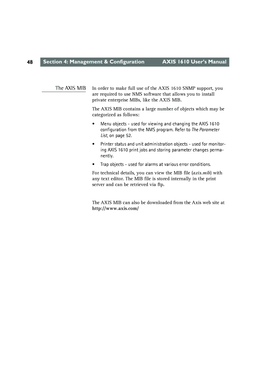 Canon AXIS 1610 user manual Management & Configuration Axis 1610 User’s Manual 