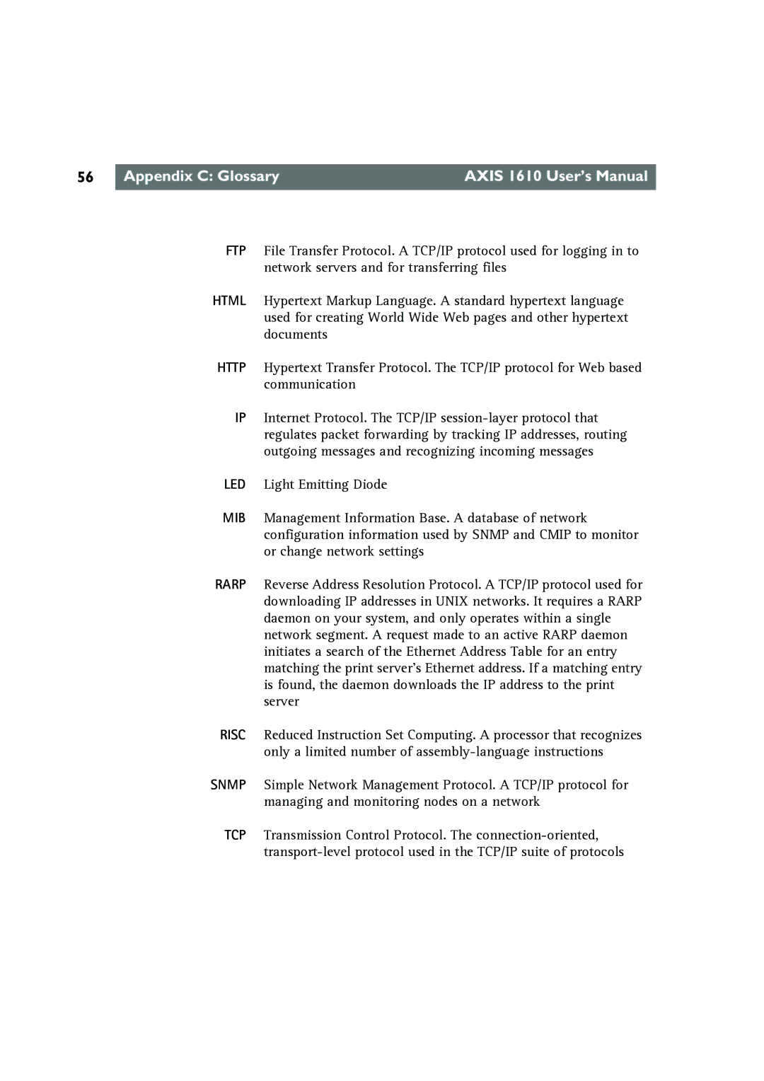 Canon AXIS 1610 user manual Appendix C Glossary Axis 1610 User’s Manual 