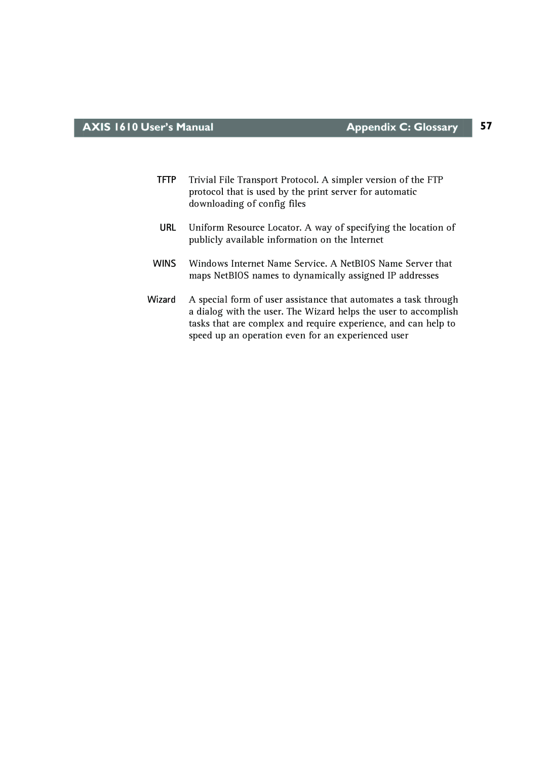 Canon AXIS 1610 user manual Axis 1610 User’s Manual Appendix C Glossary 