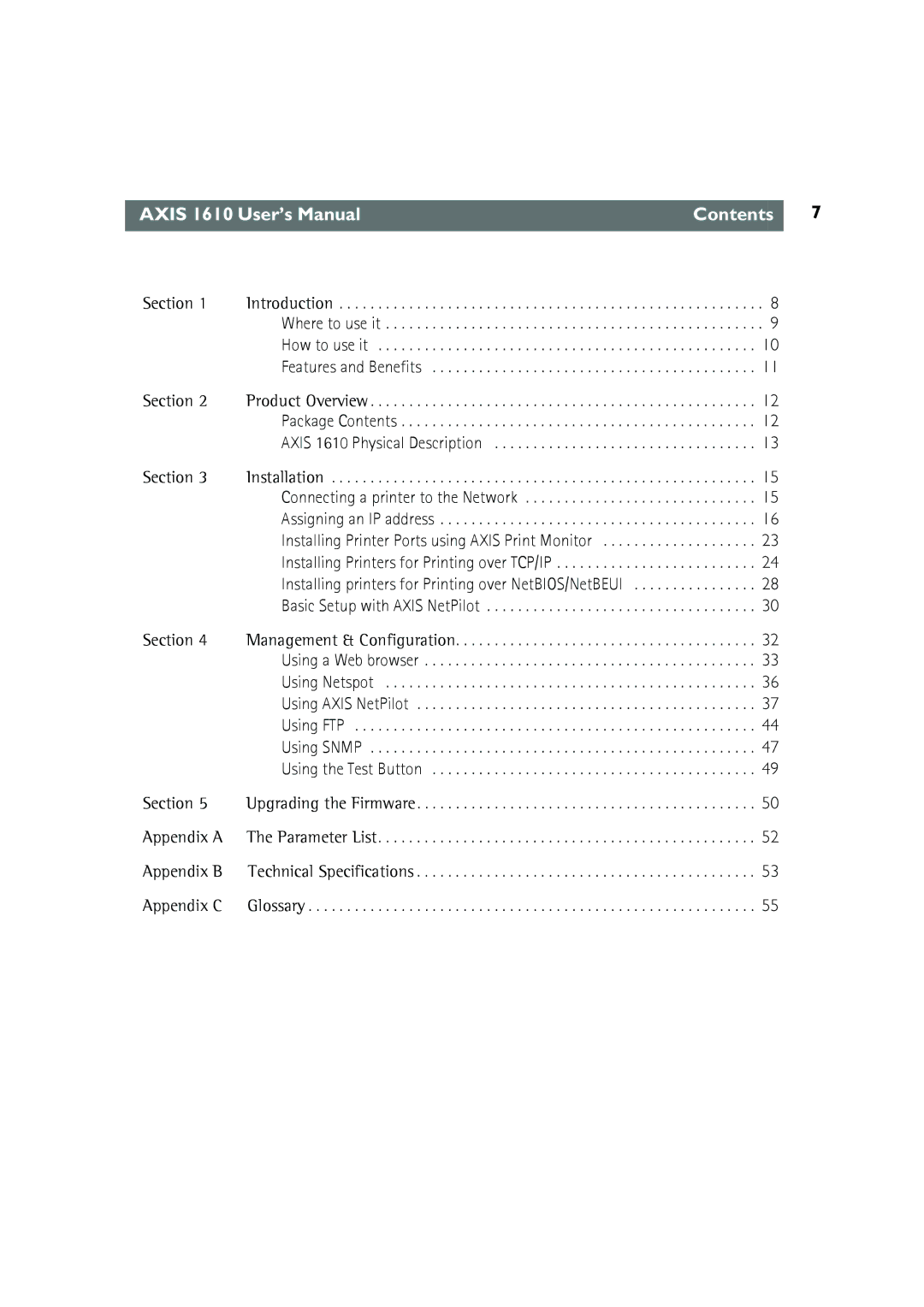 Canon AXIS 1610 user manual Axis 1610 User’s Manual Contents 