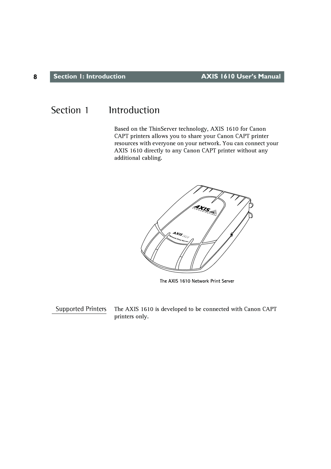 Canon AXIS 1610 user manual Section, Introduction 