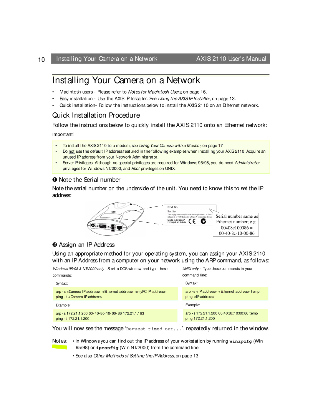 Canon AXIS 2110 manual Installing Your Camera on a Network, Quick Installation Procedure, ❶ Note the Serial number 