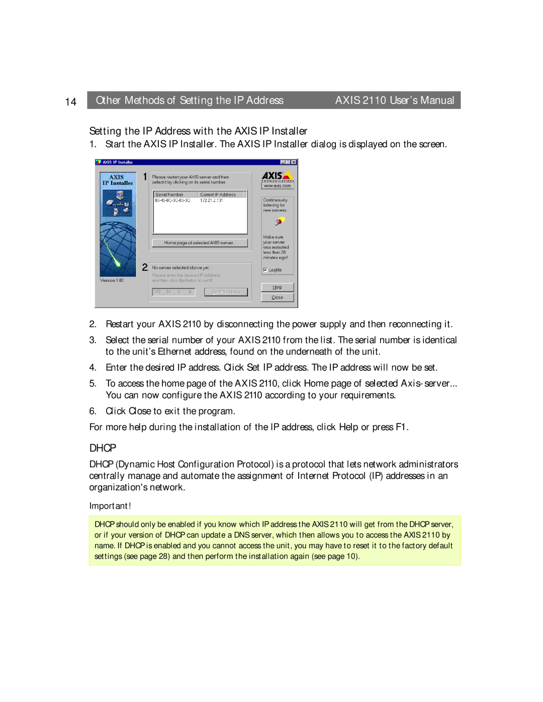 Canon AXIS 2110 manual Dhcp, Setting the IP Address with the Axis IP Installer 