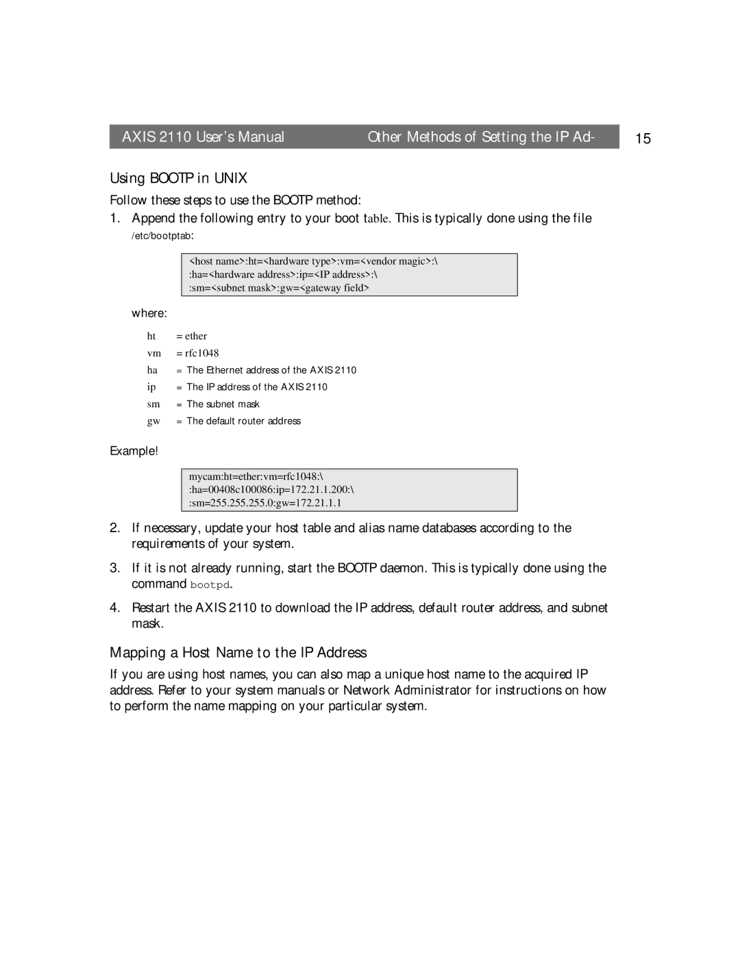 Canon AXIS 2110 manual Using Bootp in Unix, Mapping a Host Name to the IP Address 