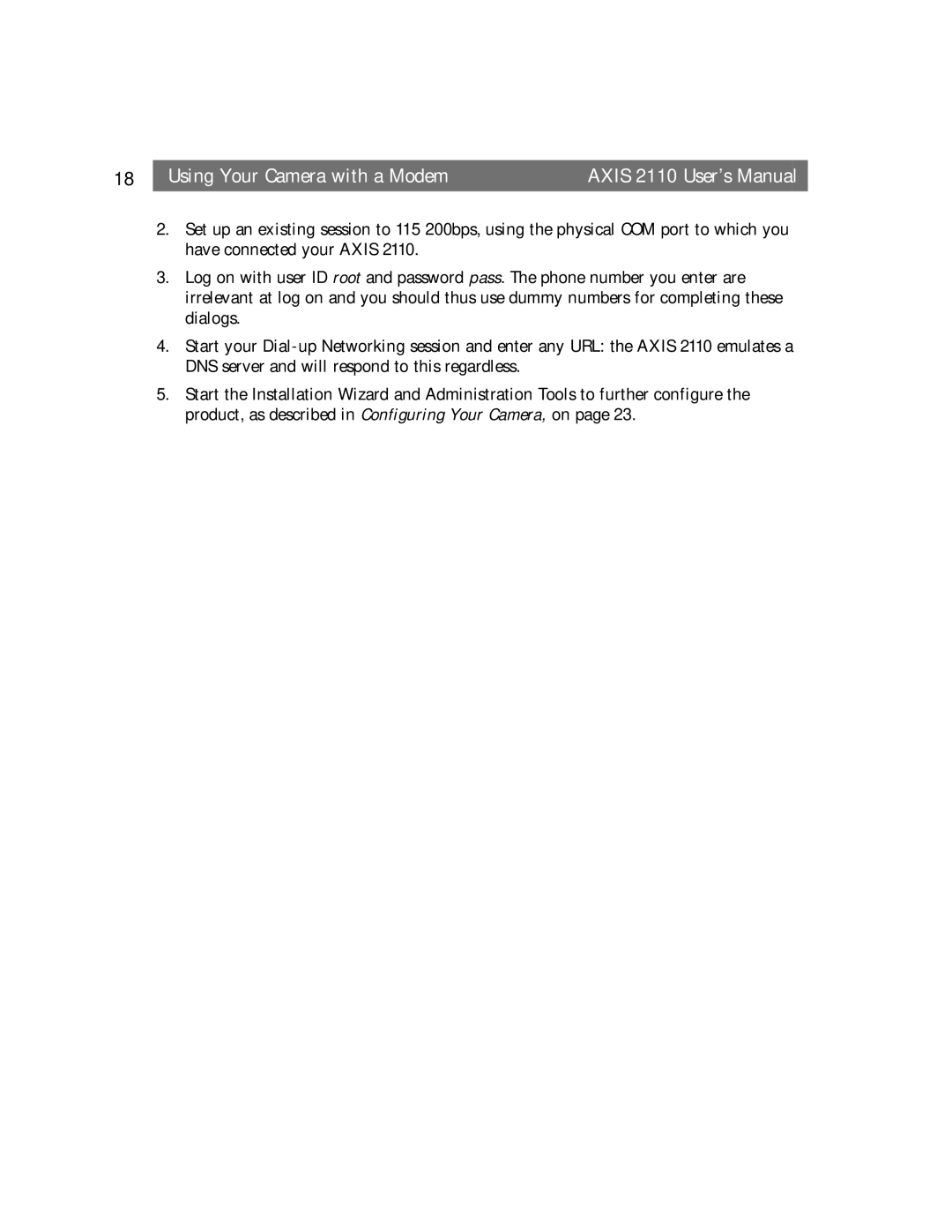 Canon AXIS 2110 manual Using Your Camera with a Modem Axis 2110 User’s Manual 