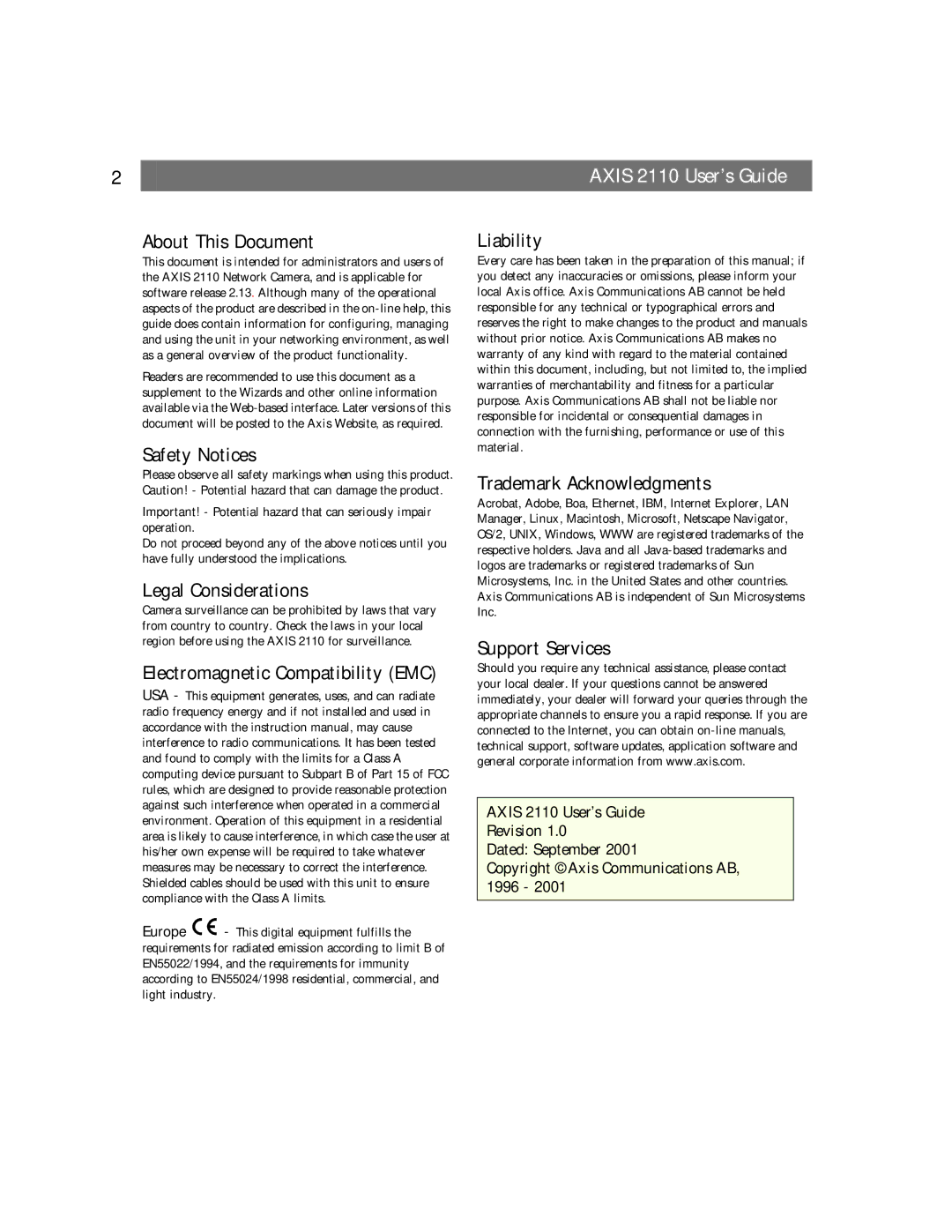 Canon AXIS 2110 About This Document, Safety Notices, Legal Considerations, Electromagnetic Compatibility EMC, Liability 