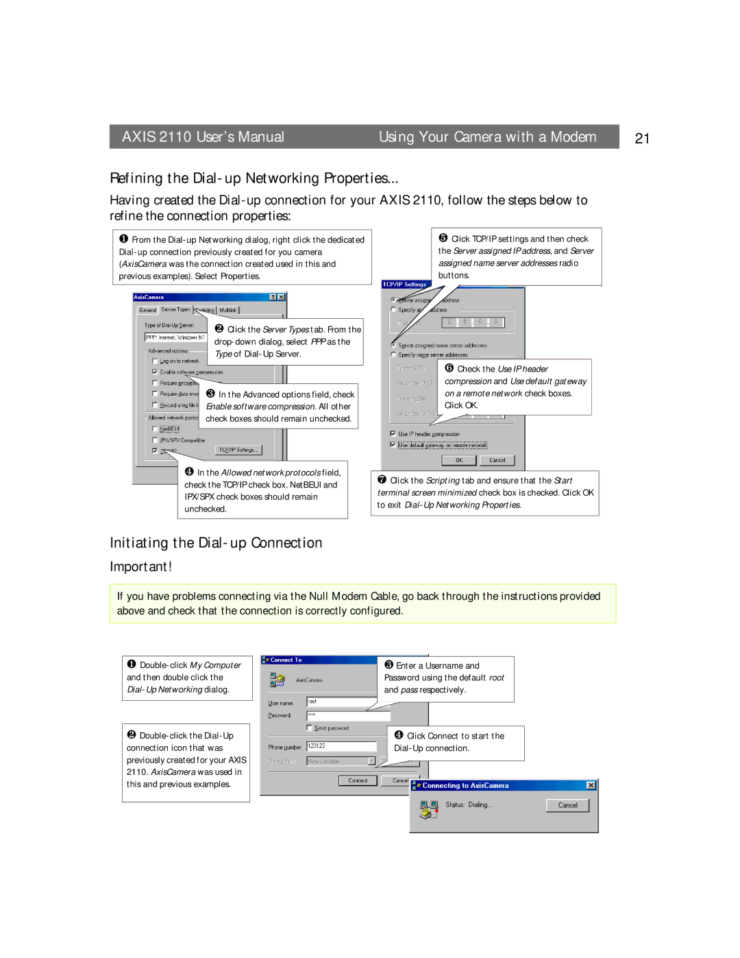 Canon AXIS 2110 manual Refining the Dial-up Networking Properties, Initiating the Dial-up Connection 